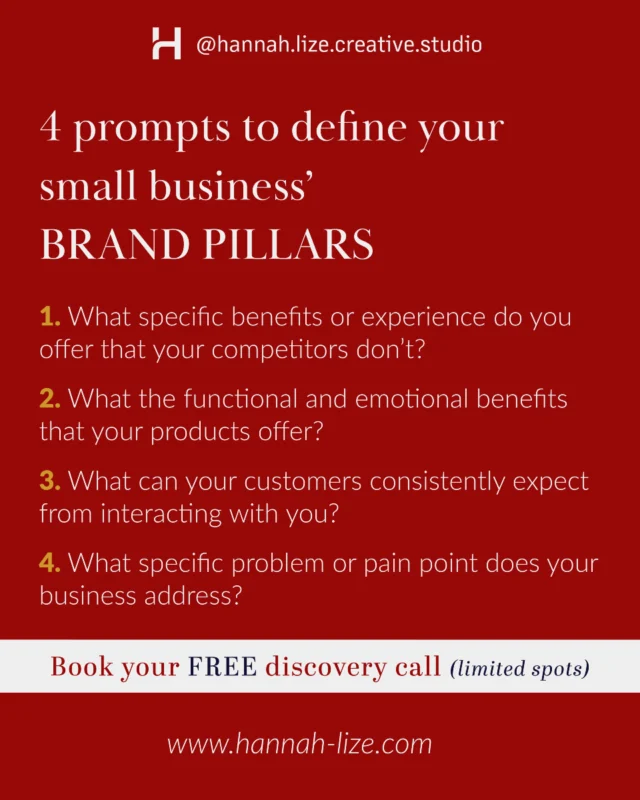 🌟 4 Prompts to define your Small Business’ BRAND PILLARS

As a small business owner, having clear brand pillars is essential to building a strong foundation for your business. They’re the actionable statements that reflect what you offer to your customers and what makes you unique in the market.

Here are 4 guiding prompts to help you define your brand pillars:

1️⃣ What specific benefits or experiences do you offer that your competitors don’t?
2️⃣ What functional and emotional benefits do your products or services provide?
3️⃣ What can your customers consistently expect when they interact with your brand?
4️⃣ What specific problem or pain point does your business address?

Take the time to reflect on these questions. The answers will not only help you clarify your brand’s direction but also strengthen the connection with your audience.

💡 Pro Tip: Your brand pillars should act as your compass—guiding every decision you make, from marketing strategies to customer interactions.

🌟 Ready to get started?
Book your FREE discovery call today—spots are limited!
📲 Visit www.hannah-lize.com to claim your spot.